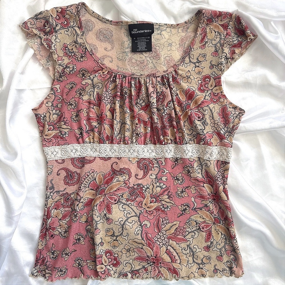 No Boundaries Pink Floral Paisley Lace Empire Waist Babydoll Top Y2K Medium